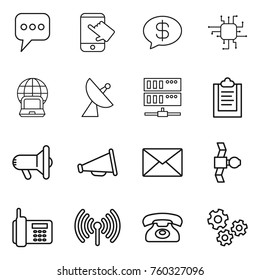 Thin line icon set : message, touch, money, chip, notebook globe, satellite antenna, server, clipboard, megafon, loudspeaker, mail, phone, wireless, gears