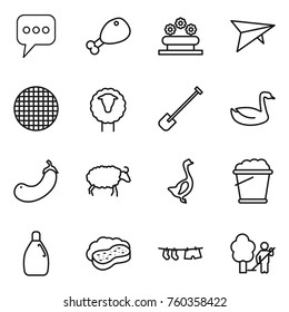 Thin line icon set : message, chicken leg, flower bed, deltaplane, sieve, sheep, shovel, goose, eggplant, foam bucket, cleanser, sponge with, drying clothe, garden cleaning