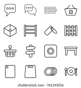 Thin line icon set : message, discussion, battery, delete cart, box, rack, label, pallet, basket, signpost, ring button, table, cutting board, plates, fork spoon plate