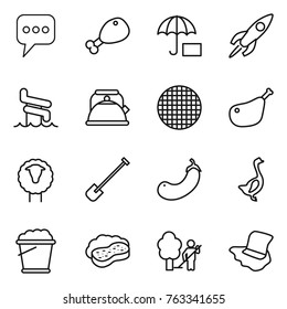Thin line icon set : message, chicken leg, insurance, rocket, aquapark, kettle, sieve, sheep, shovel, eggplant, goose, foam bucket, sponge with, garden cleaning, floor washing