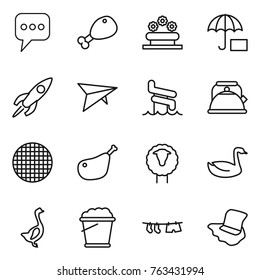 Thin line icon set : message, chicken leg, flower bed, insurance, rocket, deltaplane, aquapark, kettle, sieve, sheep, goose, foam bucket, drying clothe, floor washing