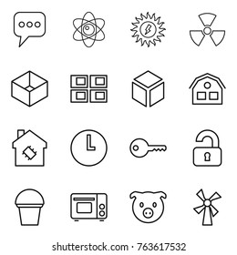 Thin line icon set : message, atom, sun power, nuclear, box, panel house, 3d, smart, clock, key, unlocked, bucket, grill oven, pig, windmill