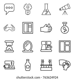 Thin line icon set : message, bulb brain, flask, telescope, smart glasses, window, acid, chemical, sand clock, mirror, coffee maker, ketchup, skysrcapers cleaning, wiping