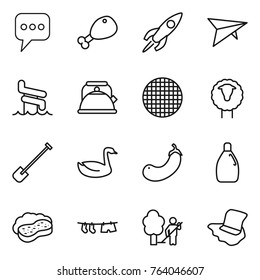 Thin line icon set : message, chicken leg, rocket, deltaplane, aquapark, kettle, sieve, sheep, shovel, goose, eggplant, cleanser, sponge with foam, drying clothe, garden cleaning, floor washing