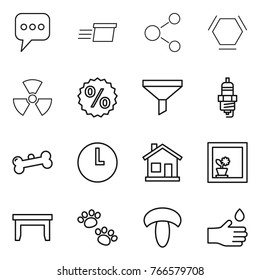 Thin line icon set : message, delivery, molecule, hex, nuclear, percent, funnel, spark plug, bone, clock, home, flower in window, table, pets, mushroom, hand drop