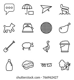 Thin line icon set : message, insurance, deltaplane, aquapark, dog, kettle, sieve, chicken leg, shovel, sheep, goose, foam bucket, cleanser, sponge with, drying clothe, garden cleaning