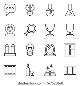Thin line icon set : message, bulb brain, round flask, web cam, magnifier, wineglass, fragile, cargo top sign, mirror, window, wine, clean floor