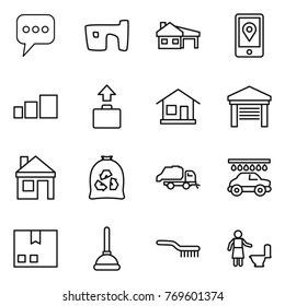 Thin line icon set : message, slum, house with garage, mobile location, sorting, baggage, home, garbage bag, trash truck, car wash, package, plunger, brush, toilet cleaning