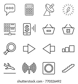 Thin line icon set : message, calculator, satellite antenna, lightning, server, mobile pay, remove from basket, delete cart, magnifier, right arrow, left, sorting, arrival, wireless, ring button
