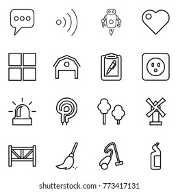 Thin line icon set : message, wireless, jet robot, heart, window, barn, clipboard pen, power socket, alarm, elecric oven, trees, windmill, farm fence, broom, vacuum cleaner, toilet cleanser