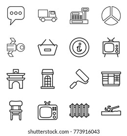 Thin line icon set : message, truck, cashbox, diagram, satellite, remove from basket, info, tv, arch, building, repair, wardrobe, chair, radiator, soil cutter