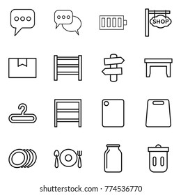 Thin line icon set : message, discussion, battery, shop signboard, package box, rack, signpost, table, hanger, cutting board, plates, fork spoon plate, bank, trash bin