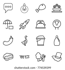 Thin line icon set : message, rocket, chicken leg, flower bed, insurance, kettle, sheep, eggplant, goose, foam bucket, cleanser, sponge with, drying clothe, garden cleaning, floor washing