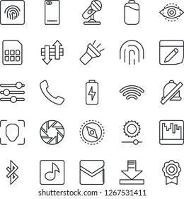 Thin Line Icon Set - microphone vector, phone back, call, mobile camera, tuning, mail, scanner, sim, notes, data exchange, download, wireless, torch, mute, brightness, bluetooth, compass, face id