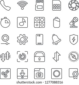 Thin Line Icon Set - microphone vector, phone back, call, mobile camera, protect, settings, stopwatch, bell, record, sd, sim, data exchange, download, wireless, brightness, cut, compass, lock, music