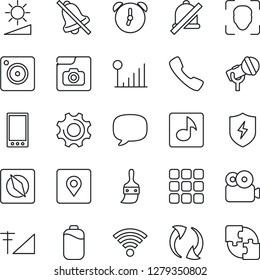 Thin Line Icon Set - microphone vector, mobile, call, menu, message, update, camera, protect, settings, themes, alarm, wireless, mute, brightness, place tag, compass, face id, music, video, battery