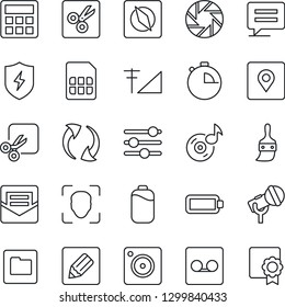 Thin Line Icon Set - microphone vector, message, update, mobile camera, protect, tuning, themes, calculator, stopwatch, mail, record, sim, folder, notes, cut, place tag, compass, face id, music
