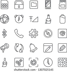 Thin Line Icon Set - microphone vector, mobile, call, update, settings, themes, clock, alarm, bell, sd, sim, network, folder, notes, cut, bluetooth, compass, lock, eye id, fingerprint, battery