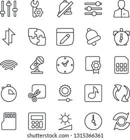 Thin Line Icon Set - microphone vector, update, tuning, user, calculator, clock, alarm, stopwatch, bell, sd, sim, notes, data exchange, wireless, mute, brightness, cut, music, application