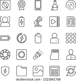 Thin Line Icon Set - microphone vector, mobile, menu, camera, gallery, protect, themes, user, calculator, record, sd, sim, folder, torch, compass, face id, fingerprint, video, battery, charge