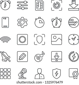 Thin Line Icon Set - microphone vector, phone back, menu, gallery, protect, settings, tuning, user, clock, alarm, stopwatch, record, sim, network, notes, download, wireless, mute, face id, eye