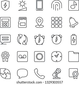 Thin Line Icon Set - microphone vector, mobile, call, menu, message, update, protect, calculator, clock, alarm, bell, record, sd, folder, brightness, place tag, fingerprint id, music, charge