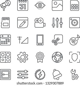 Thin Line Icon Set - microphone vector, mobile, camera, gallery, settings, tuning, bell, scanner, sd, sim, network, calendar, notes, cut, face id, eye, music, video, cellular signal, charge