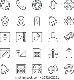 Thin Line Icon Set - microphone vector, call, update, settings, tuning, user, calculator, bell, sim, network, notes, data exchange, place tag, music, video, cellular signal, battery, charge
