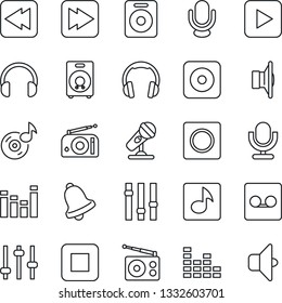 Thin Line Icon Set - microphone vector, radio, speaker, settings, equalizer, headphones, play button, stop, fast forward, rewind, rec, tuning, bell, record, music, sound