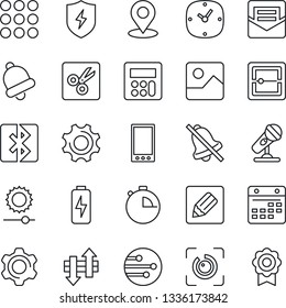 Thin Line Icon Set - microphone vector, mobile, menu, gallery, protect, settings, calculator, clock, stopwatch, bell, mail, scanner, network, calendar, notes, data exchange, mute, brightness, cut