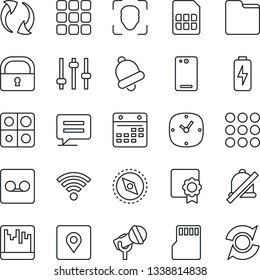 Thin Line Icon Set - microphone vector, phone back, menu, message, update, tuning, clock, bell, record, scanner, sd, sim, folder, calendar, wireless, mute, place tag, compass, lock, face id, charge