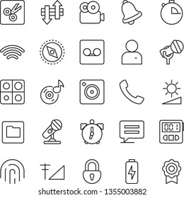 Thin Line Icon Set - microphone vector, call, message, mobile camera, user, alarm, stopwatch, bell, record, folder, data exchange, wireless, brightness, cut, compass, lock, fingerprint id, music