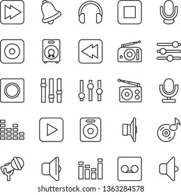 Thin Line Icon Set - microphone vector, radio, speaker, settings, equalizer, headphones, play button, stop, fast forward, rewind, rec, tuning, bell, record, music, sound