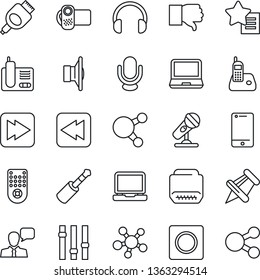 Thin Line Icon Set - microphone vector, speaker, settings, video camera, remote control, cell phone, headphones, laptop pc, radio, share, finger down, favorites list, paper pin, fast forward, rewind