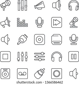 Thin Line Icon Set - microphone vector, speaker, loudspeaker, settings, equalizer, headphones, pause button, stop, fast forward, rec, rca, hdmi, tuning, record, sound