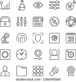 Thin Line Icon Set - microphone vector, menu, mobile camera, tuning, themes, user, clock, stopwatch, record, network, folder, calendar, torch, brightness, compass, lock, face id, eye, fingerprint