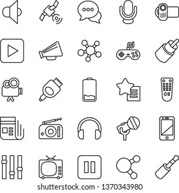 Thin Line Icon Set - microphone vector, radio, satellite, news, speaker, loudspeaker, tv, gamepad, settings, video camera, remote control, cell phone, dialog, headphones, share, favorites list, rca
