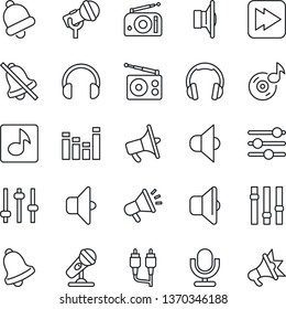 Thin Line Icon Set - microphone vector, radio, speaker, loudspeaker, settings, equalizer, headphones, fast forward, rca, tuning, bell, mute, music, sound, advertising