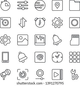 Thin Line Icon Set - microphone vector, mobile, menu, camera, gallery, settings, tuning, clock, alarm, stopwatch, bell, record, scanner, sd, network, folder, data exchange, brightness, place tag