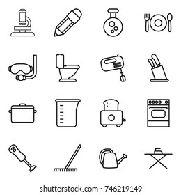 thin line icon set : microscope, pencil, chemical, cafe, diving mask, toilet, mixer, stands for knives, pan, measuring cup, toaster, oven, blender, rake, watering can, iron board