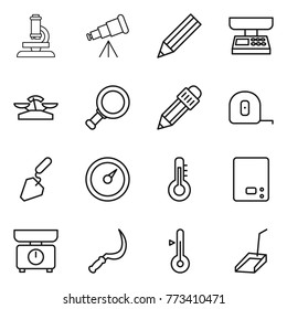 Thin line icon set : microscope, telescope, pencil, market scales, magnifier, measuring tape, construction, barometer, thermometer, kitchen, sickle, scoop