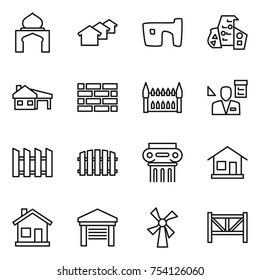 thin line icon set : minaret, houses, slum, modern architecture, house with garage, brick wall, gothic, architector, fence, antique column, home, windmill, farm