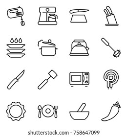 Thin line icon set : mixer, coffee maker, cutting board, stands for knives, plate washing, steam pan, kettle, whisk, knife, meat hammer, microwave oven, elecric, induction, fork spoon, mortar