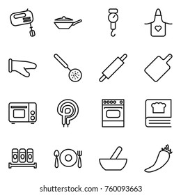 Thin line icon set : mixer, pan, handle scales, apron, cook glove, skimmer, rolling pin, cutting board, grill oven, elecric, cooking book, spices, fork spoon plate, mortar, hot pepper