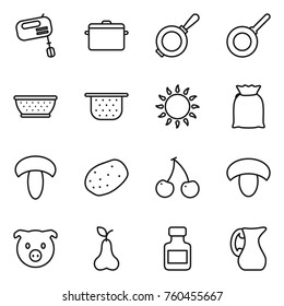 Thin line icon set : mixer, pan, colander, gas oven, flour, mushroom, potato, cherry, pig, pear, pills bottle, jug