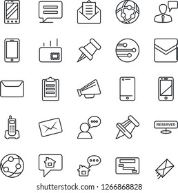Thin Line Icon Set - mobile phone vector, speaking man, office, loudspeaker, network, cell, speaker, paper pin, mail, message, clipboard, reserved, home, schedule