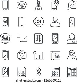 Thin Line Icon Set - Mobile Phone Vector, Office, 24 Hours, Support, Tracking, Cell, Sim, Mute, Bluetooth, Cellular Signal, Charge, Home Control App, Combination Lock