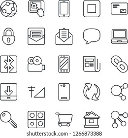 Thin Line Icon Set - mobile phone vector, house, news, network, laptop pc, share, chain, mail, stop button, back, message, update, download, bluetooth, lock, video, cellular signal, application, key