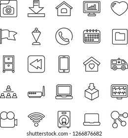 Thin Line Icon Set - mobile phone vector, pennant, monitor pulse, ambulance car, package, video camera, laptop pc, speaker, heart, rewind, folder, download, wireless, photo gallery, statistics, flag