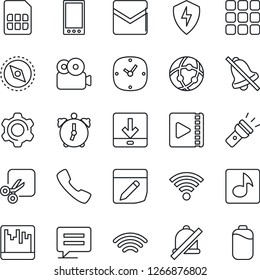 Thin Line Icon Set - mobile vector, call, menu, message, protect, settings, clock, alarm, mail, scanner, sim, network, notes, download, wireless, torch, mute, cut, compass, music, video, battery